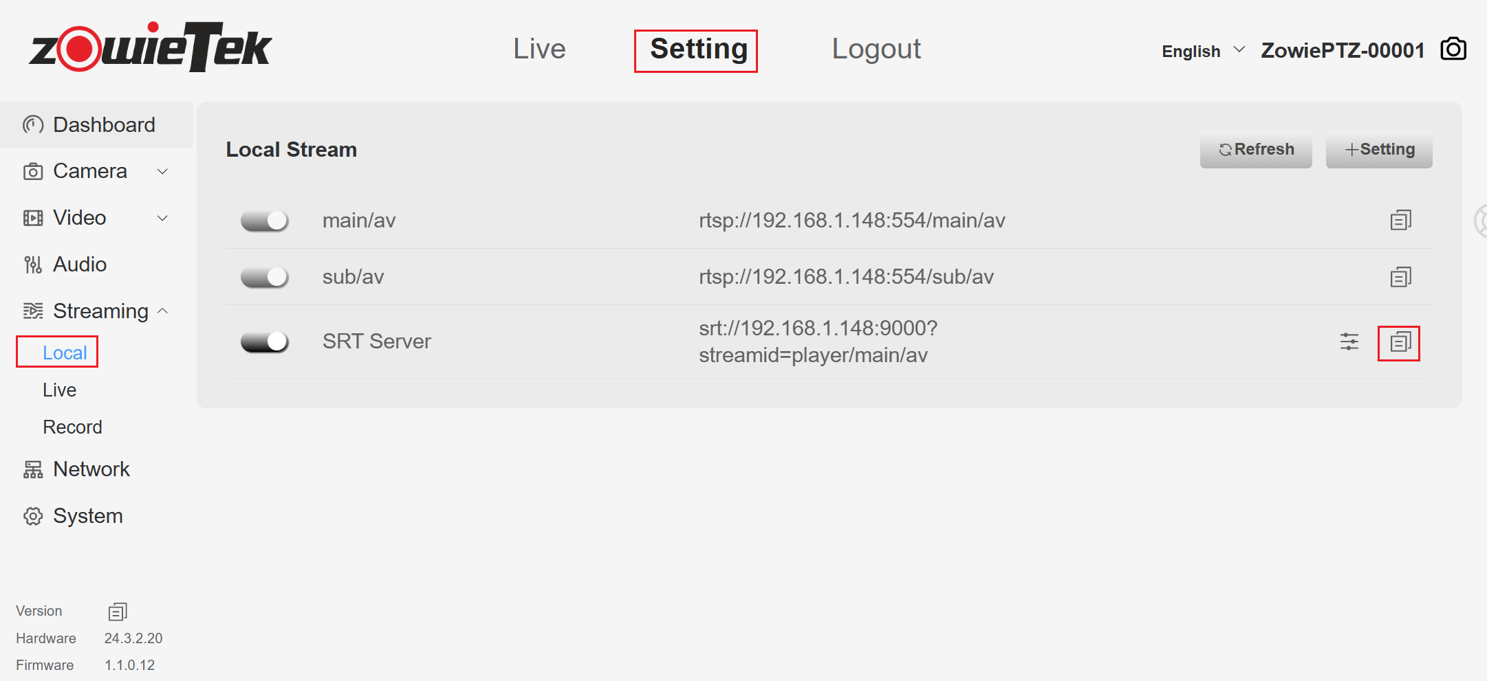 2. Click Setting->Streaming->Local Click the button on the right to copy the SRT local streaming URL