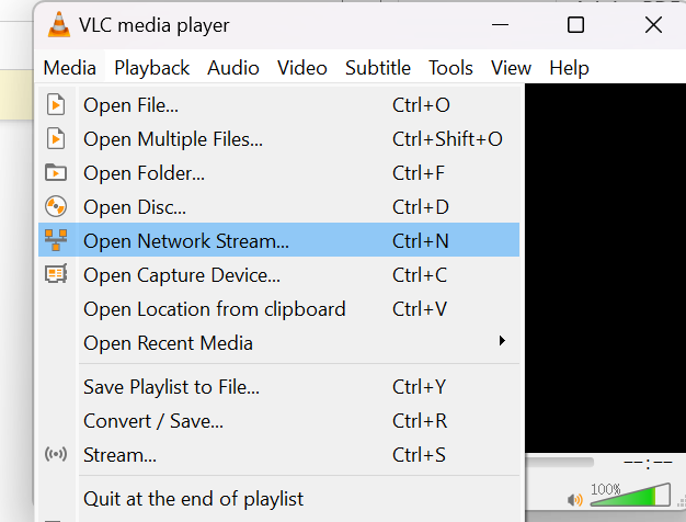 Open VLC player, click Media and select Open Network Stream